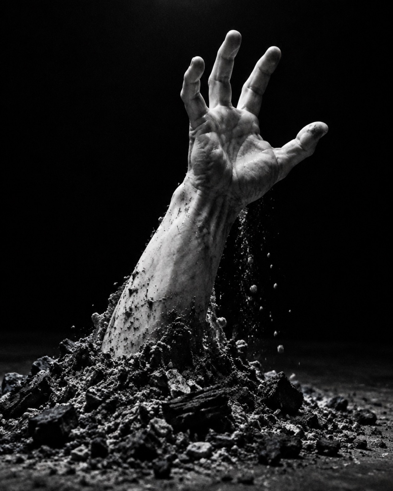 A marble hand pushing up out of a heap of grey ash
