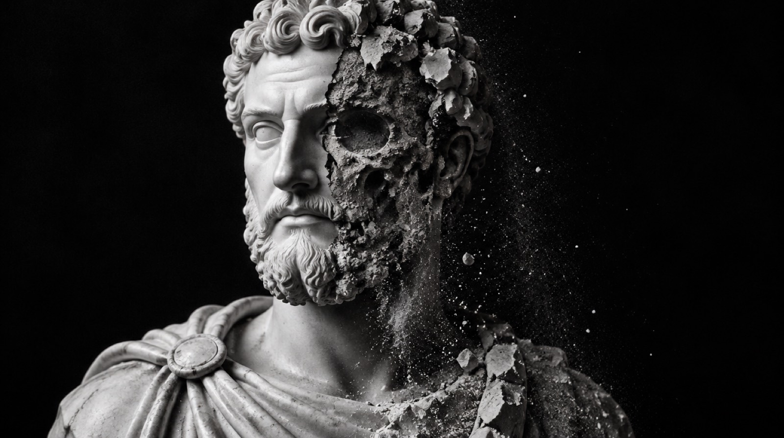 A Roman marble bust of a stoic emperor, half of the face crumbling away to bare stone skull