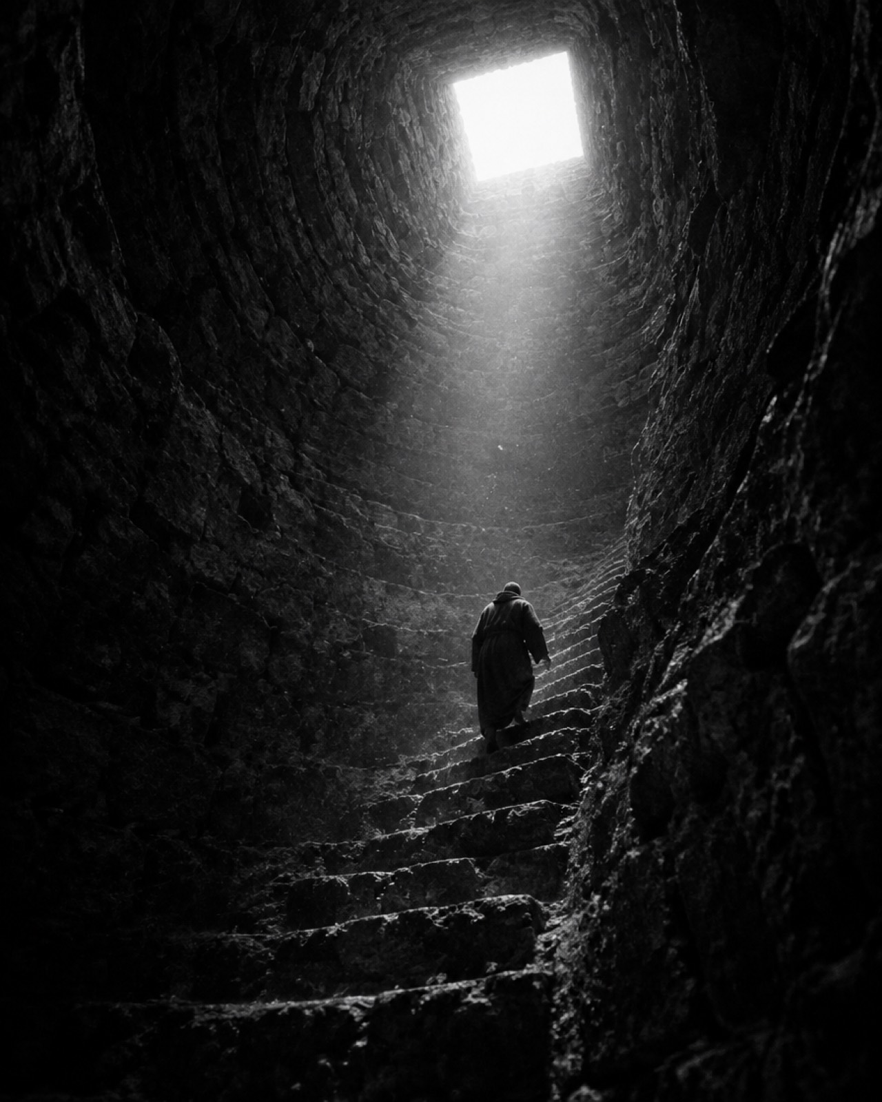 A lone robed figure climbing stone steps out of a deep well toward a square of light